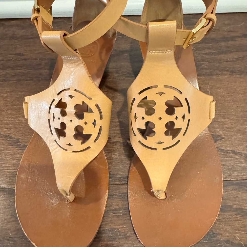 Tory Burch Tan Wedge Espadrille Sandals Sz 7.5M